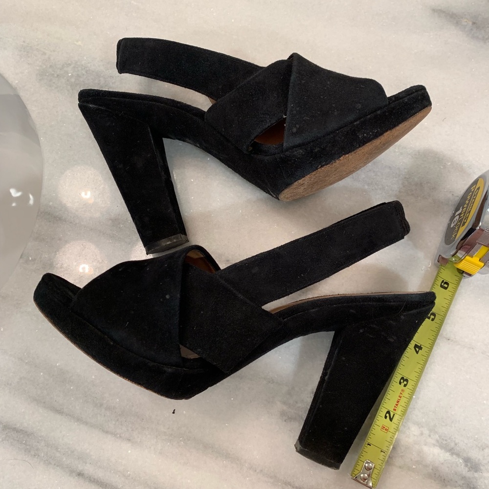 Size 10. Black chunky suede heels.